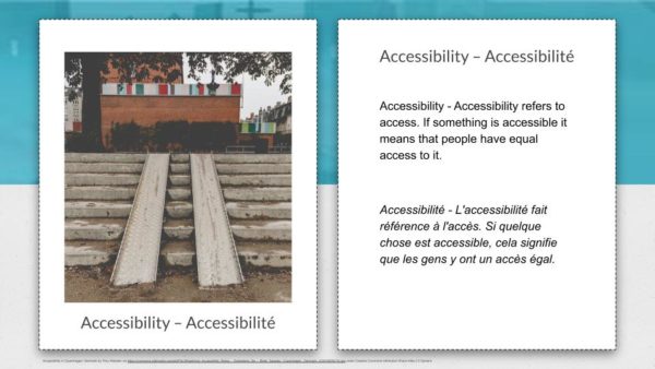 Stairs with wheelchair ramp and definition of word Accessibility