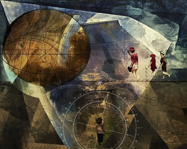 abstract painting: 3 woman walking towards globe and another in the center of compass