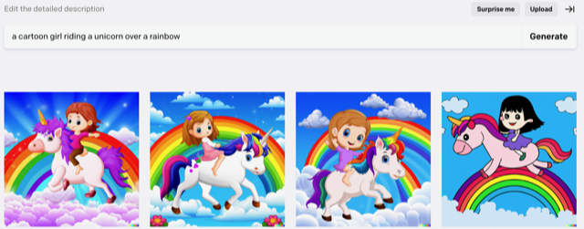 Dall E 2 Generated photos using the prompt “a cartoon girl riding a unicorn over a rainbow” All images generated were of cartoon girls with Eurocentric features like light skin.