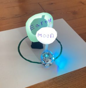 Evo bot with a sign on it saying moon, going around an object that is labeled earth