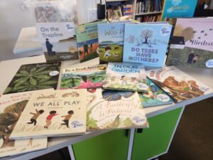 A display of books related to the outdoors and nature. 